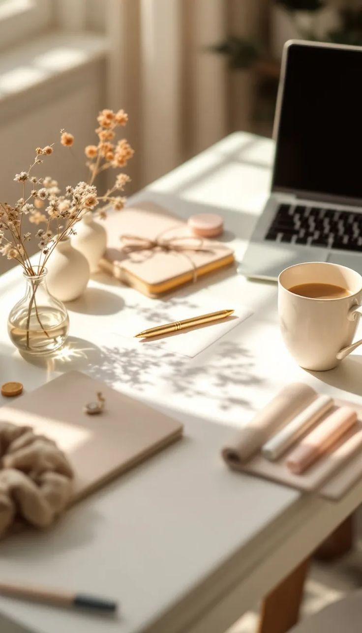 Ästhetisches beiges Arbeitszimmer, mädchenhaft, Laptop, Kaffee